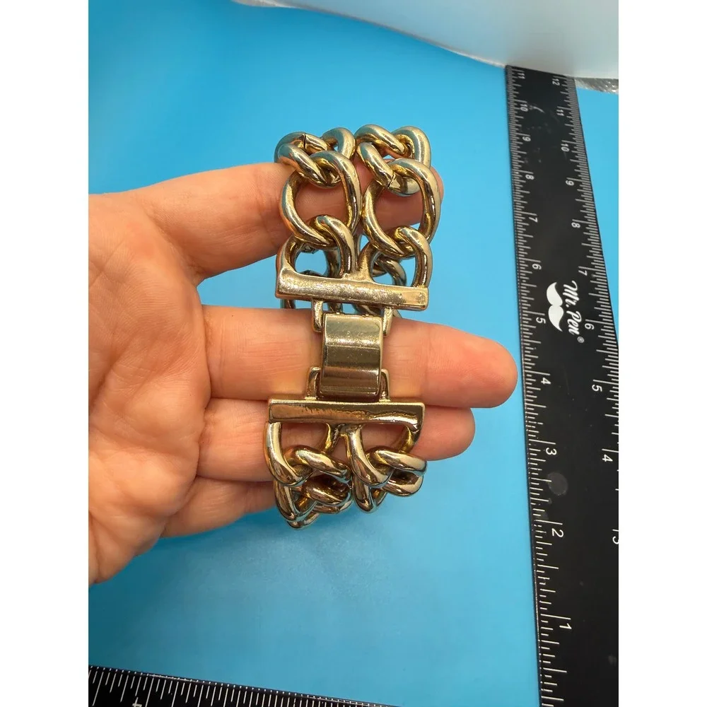 Chunky‎ Gold Tone Double Row Curb Chain Bracelet Statement Link Jewelry 8 Inch